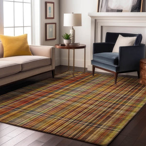 HomeRoots 9' X 12' Rustic Plaid Area Rug in Rust, Gold & Green – Washable, Stain Resistant & UV Protected! 648285