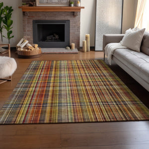 HomeRoots 9' X 12' Rustic Plaid Area Rug in Rust, Gold & Green – Washable, Stain Resistant & UV Protected! 648285
