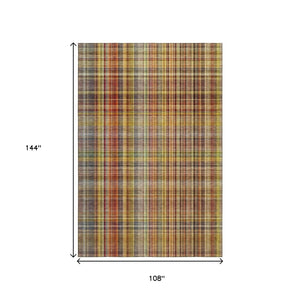 HomeRoots 9' X 12' Rustic Plaid Area Rug in Rust, Gold & Green – Washable, Stain Resistant & UV Protected! 648285