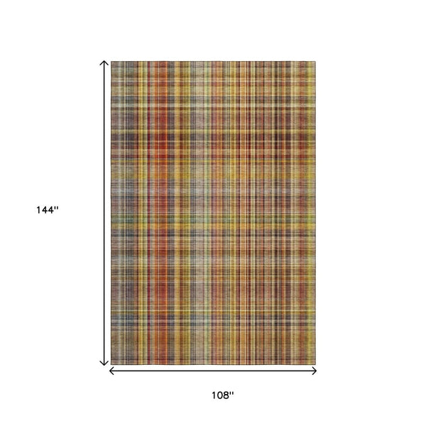 HomeRoots 9' X 12' Rustic Plaid Area Rug in Rust, Gold & Green – Washable, Stain Resistant & UV Protected! 648285