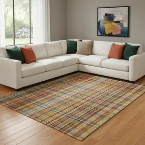 HomeRoots 10' X 14' Washable Area Rug in Rust, Gold & Green Plaid - UV Protection, Durable & Stylish Home Decor 648286