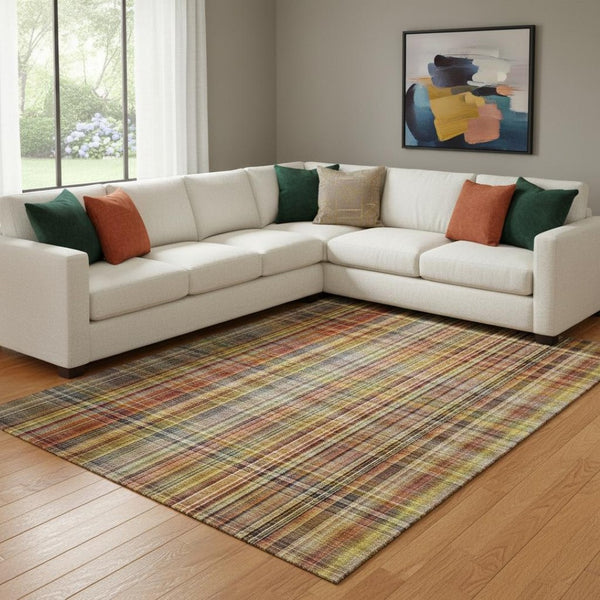 HomeRoots 10' X 14' Washable Area Rug in Rust, Gold & Green Plaid - UV Protection, Durable & Stylish Home Decor 648286