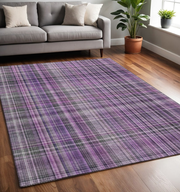 HomeRoots 5' Stylish Purple and Gray Plaid Washable Area Rug with UV Protection for Homes with Kids & Pets 648288