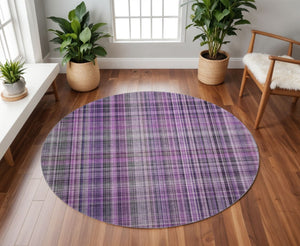 HomeRoots 8' Purple Plaid Round Rug - Washable, UV-Protected, Stain-Resistant, Perfect for Busy Homes & Patios 648289