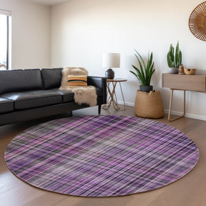 HomeRoots 8' Purple Plaid Round Rug - Washable, UV-Protected, Stain-Resistant, Perfect for Busy Homes & Patios 648289