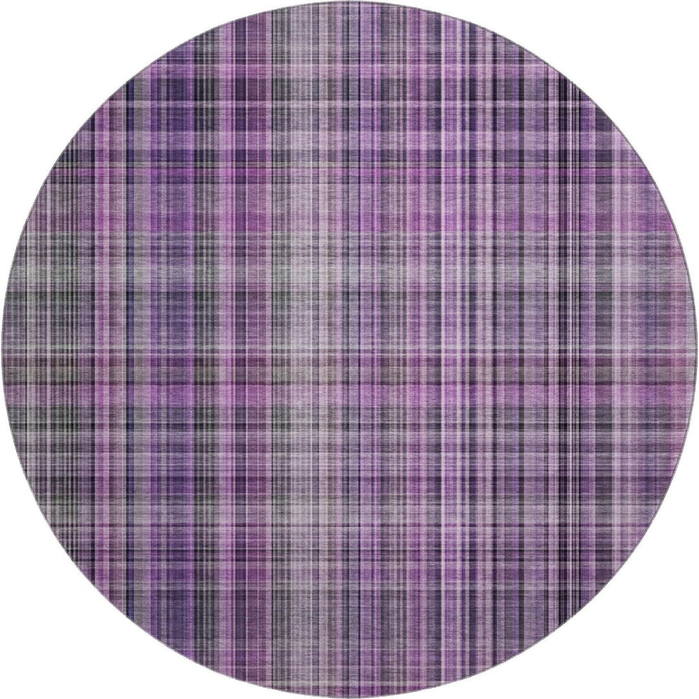HomeRoots 8' Purple Plaid Round Rug - Washable, UV-Protected, Stain-Resistant, Perfect for Busy Homes & Patios 648289