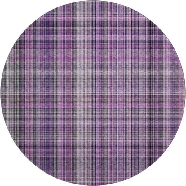 HomeRoots 8' Purple Plaid Round Rug - Washable, UV-Protected, Stain-Resistant, Perfect for Busy Homes & Patios 648289