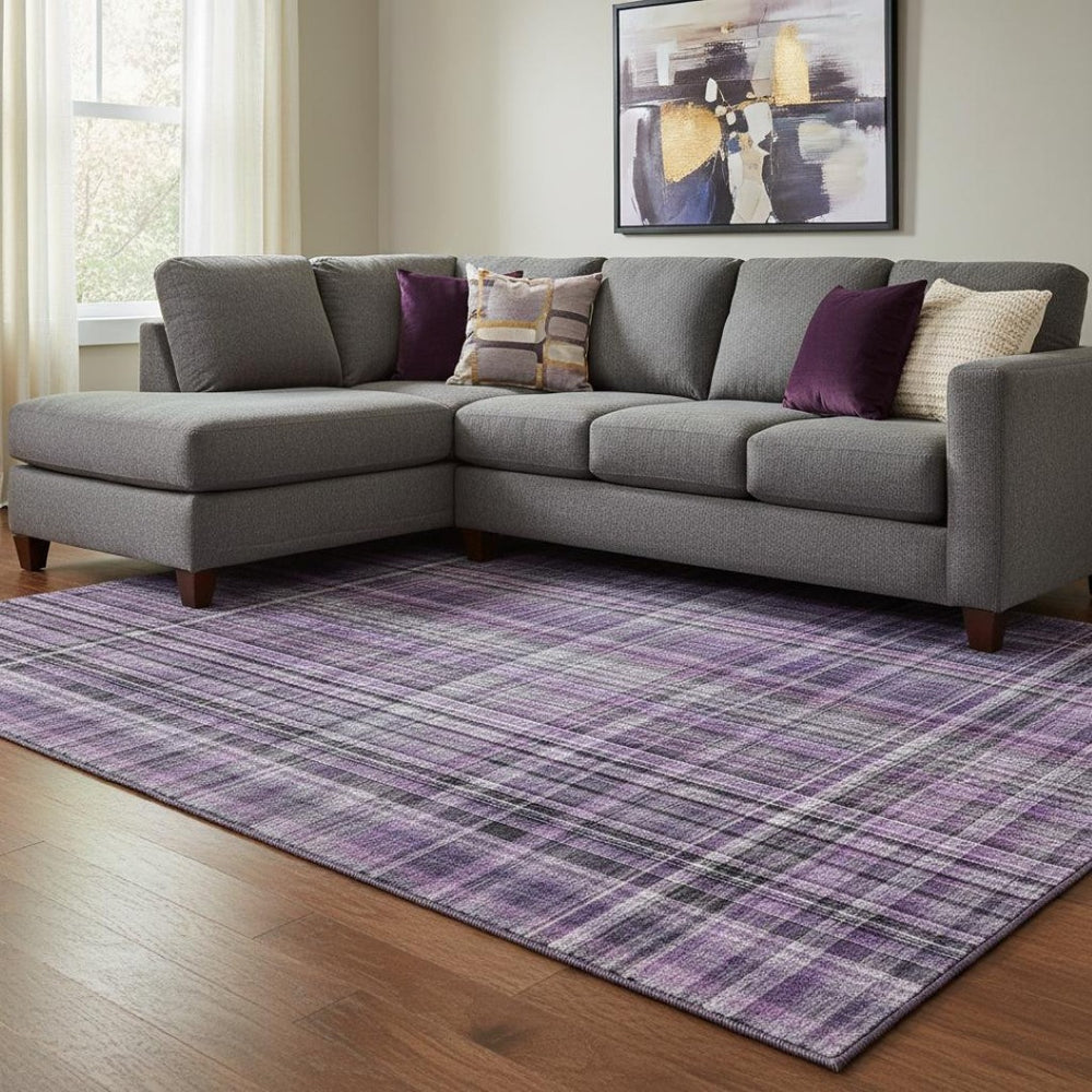 HomeRoots 8' X 10' Purple And Gray Plaid Washable Area Rug - UV Protected, Stain Resistant & Easy Care Solution 648290