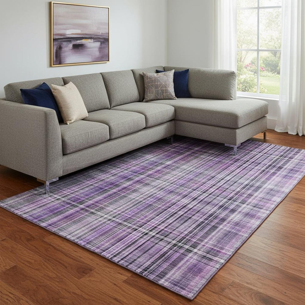 HomeRoots 9' X 12' Stylish Purple and Gray Plaid Washable Area Rug with UV Protection for High-Traffic Spaces 648291