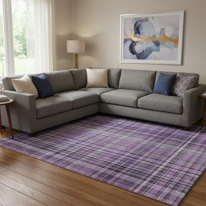 HomeRoots 10' X 14' Purple and Gray Plaid Washable Area Rug - UV Protected, Stain Resistant, Easy Care Design 648292