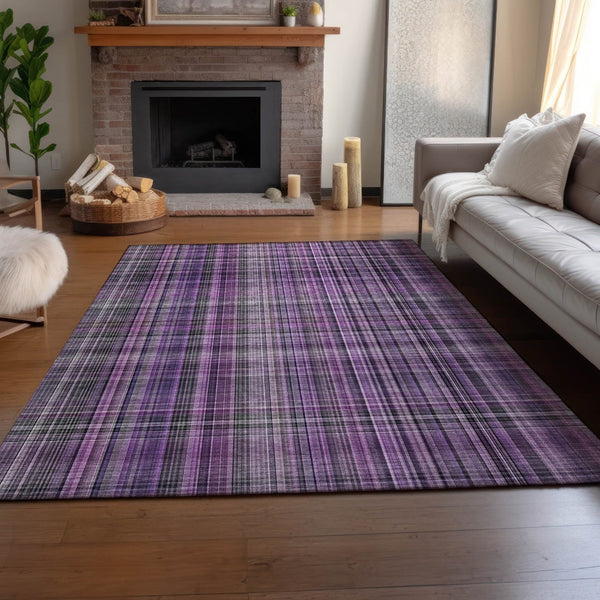HomeRoots 10' X 14' Purple and Gray Plaid Washable Area Rug - UV Protected, Stain Resistant, Easy Care Design 648292