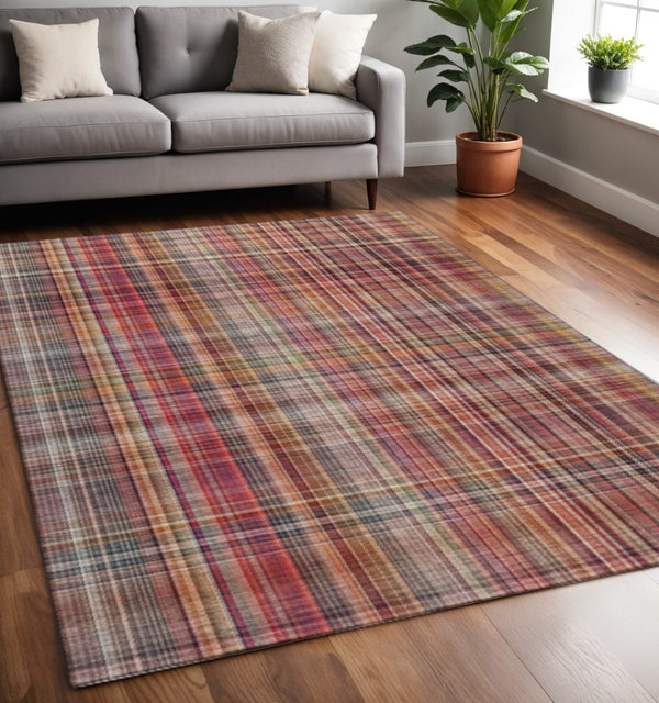 HomeRoots 5' X 8' Red Ivory Gold Plaid Area Rug - Washable, UV Protected, Ideal for Homes with Kids & Pets 648294