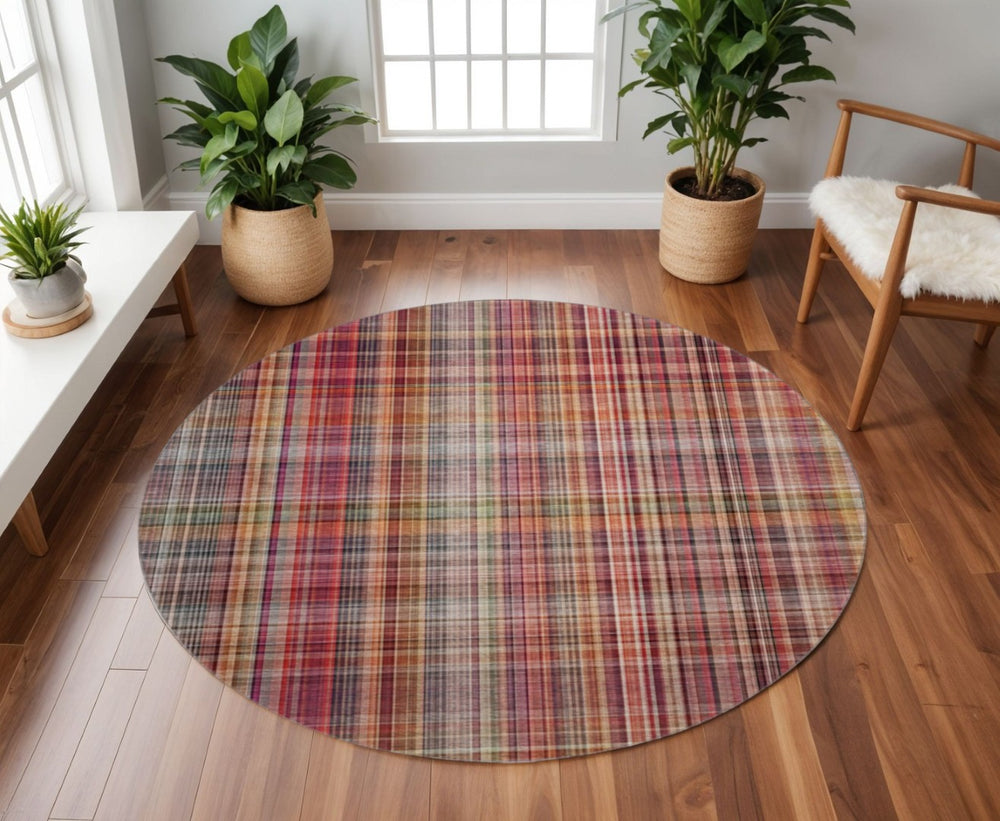 HomeRoots 8' Cozy Red Ivory and Gold Plaid Washable Round Rug with UV Protection - Perfect for High-Traffic Areas 648295