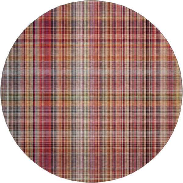 HomeRoots 8' Cozy Red Ivory and Gold Plaid Washable Round Rug with UV Protection - Perfect for High-Traffic Areas 648295