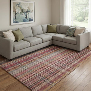 HomeRoots 9' X 12' Red Ivory Gold Plaid Area Rug - Durable, Stain Resistant, UV Protected for High Traffic Spaces 648297