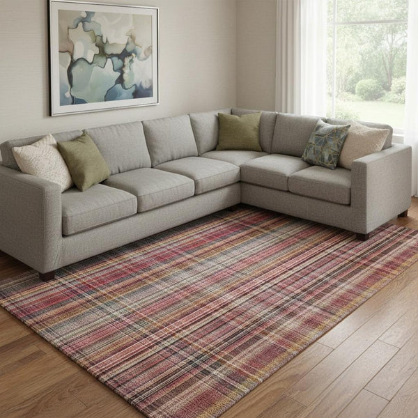 HomeRoots 9' X 12' Red Ivory Gold Plaid Area Rug - Durable, Stain Resistant, UV Protected for High Traffic Spaces 648297
