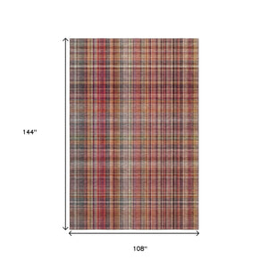 HomeRoots 9' X 12' Red Ivory Gold Plaid Area Rug - Durable, Stain Resistant, UV Protected for High Traffic Spaces 648297