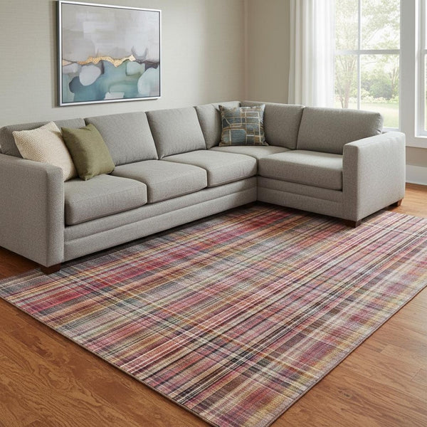 HomeRoots 10' Red, Ivory & Gold Plaid Washable Area Rug - Durable, UV-Protected, Stain-Resistant, Stylish Design 648298