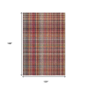 HomeRoots 10' Red, Ivory & Gold Plaid Washable Area Rug - Durable, UV-Protected, Stain-Resistant, Stylish Design 648298