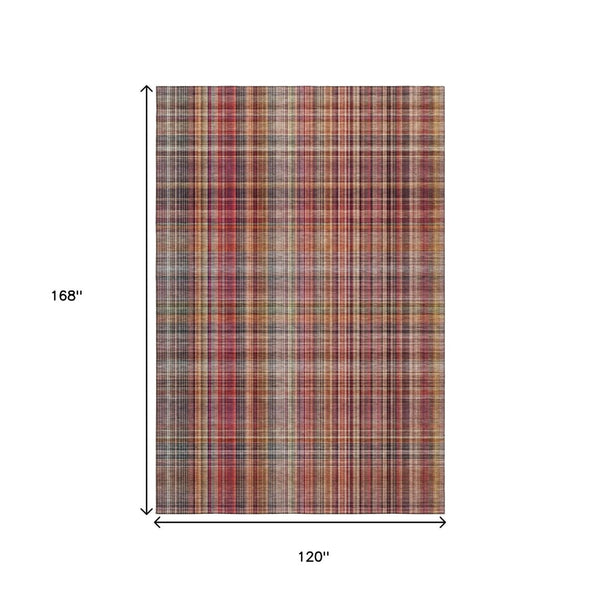 HomeRoots 10' Red, Ivory & Gold Plaid Washable Area Rug - Durable, UV-Protected, Stain-Resistant, Stylish Design 648298
