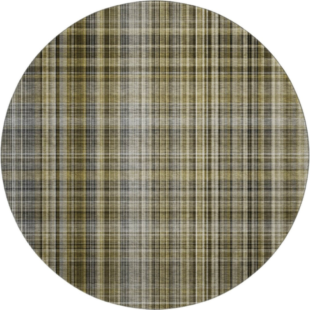 HomeRoots 8' Taupe and Coffee Plaid Washable Round Rug – Stylish, Durable, Stain-Resistant with UV Protection! 648301