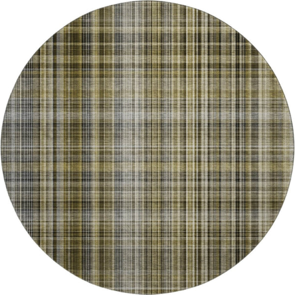 HomeRoots 8' Taupe and Coffee Plaid Washable Round Rug – Stylish, Durable, Stain-Resistant with UV Protection! 648301