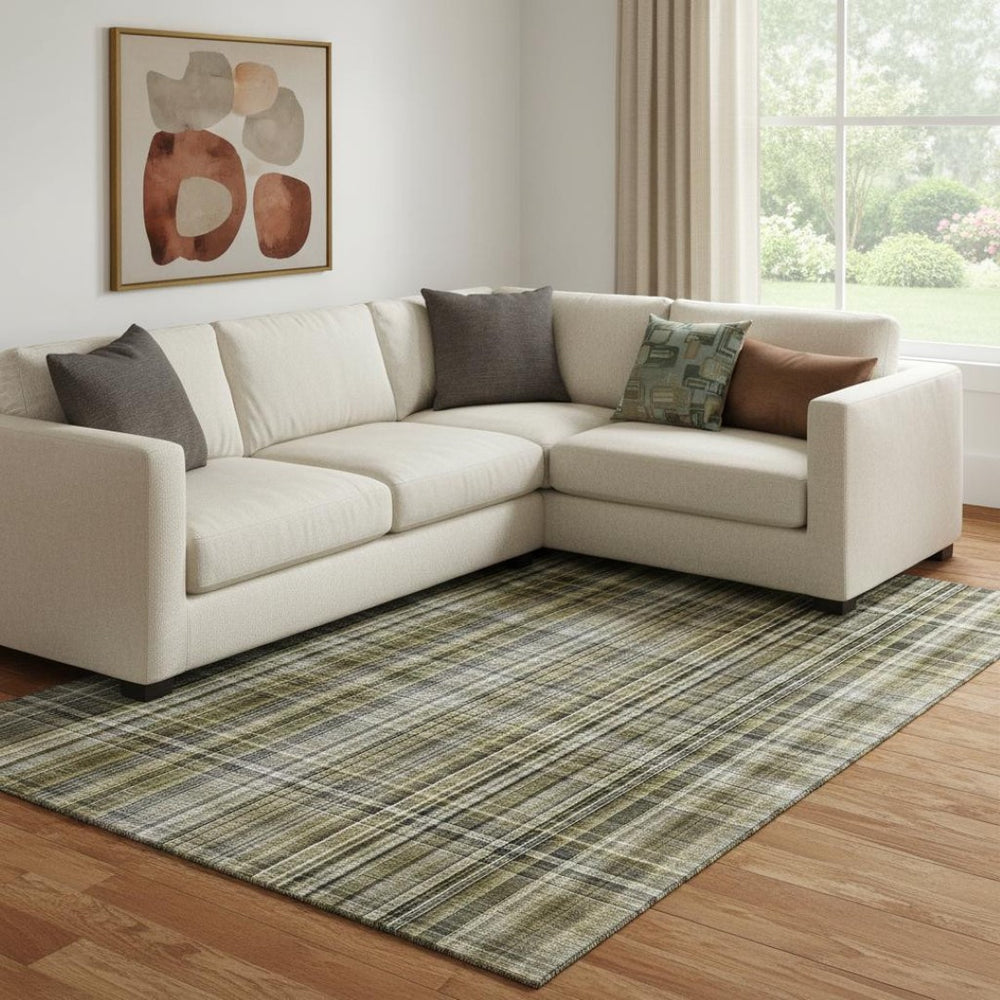 HomeRoots 9' X 12' Taupe and Coffee Plaid Area Rug – Washable, UV Protected, Ideal for Kids and Pets! 648303