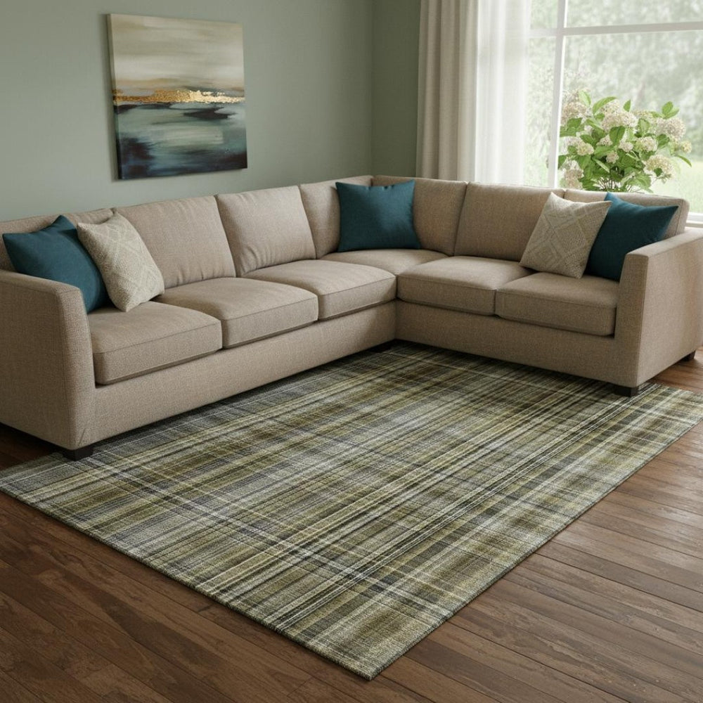 HomeRoots 10' Taupe & Coffee Plaid Washable Area Rug – Stylish, Durable, Stain-Resistant with UV Protection! 648304