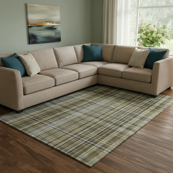 HomeRoots 10' Taupe & Coffee Plaid Washable Area Rug – Stylish, Durable, Stain-Resistant with UV Protection! 648304