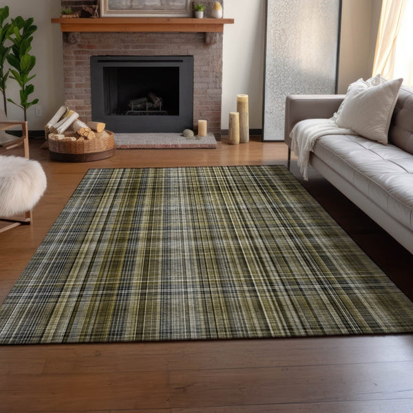 HomeRoots 10' Taupe & Coffee Plaid Washable Area Rug – Stylish, Durable, Stain-Resistant with UV Protection! 648304