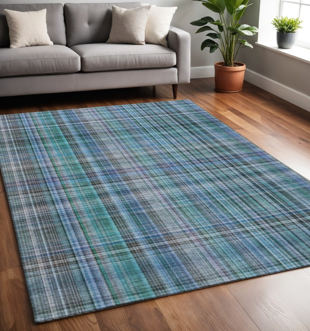 HomeRoots 5' X 8' Teal and Gray Plaid Area Rug - Washable, Stain Resistant, UV Protected for Busy Homes 648306