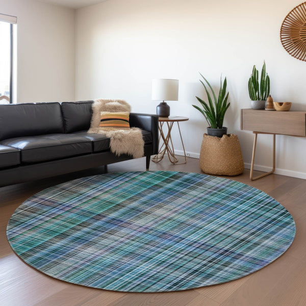 HomeRoots 8' Stylish Teal and Gray Plaid Washable Round Rug with UV Protection for Homes and Patios 648307
