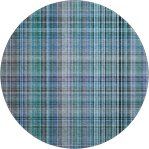 HomeRoots 8' Stylish Teal and Gray Plaid Washable Round Rug with UV Protection for Homes and Patios 648307