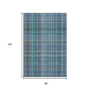 HomeRoots 8' X 10' Teal and Gray Plaid Area Rug - Durable, Washable, UV Protected for Family & Pet Homes 648308