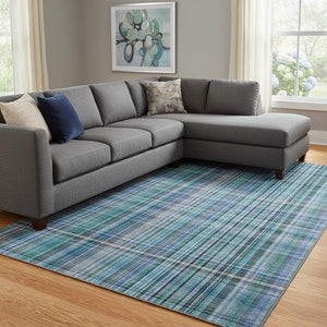 HomeRoots 8' X 10' Teal and Gray Plaid Area Rug - Durable, Washable, UV Protected for Family & Pet Homes 648308