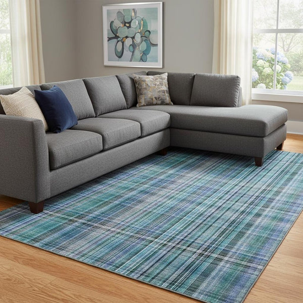 HomeRoots 8' X 10' Teal and Gray Plaid Area Rug - Durable, Washable, UV Protected for Family & Pet Homes 648308