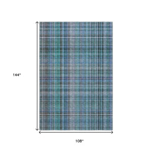 HomeRoots 9' X 12' Teal and Gray Plaid Area Rug - Durable, Washable, UV Protected for Stylish Living Spaces 648309