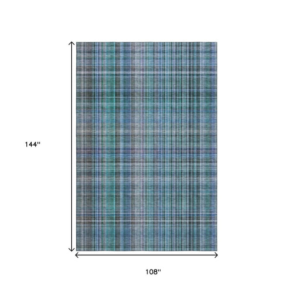 HomeRoots 9' X 12' Teal and Gray Plaid Area Rug - Durable, Washable, UV Protected for Stylish Living Spaces 648309