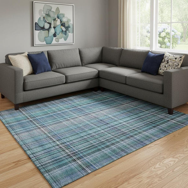 HomeRoots 9' X 12' Teal and Gray Plaid Area Rug - Durable, Washable, UV Protected for Stylish Living Spaces 648309