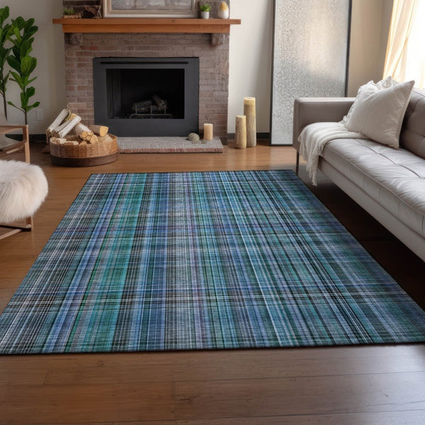 HomeRoots 9' X 12' Teal and Gray Plaid Area Rug - Durable, Washable, UV Protected for Stylish Living Spaces 648309