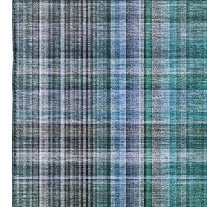 HomeRoots 9' X 12' Teal and Gray Plaid Area Rug - Durable, Washable, UV Protected for Stylish Living Spaces 648309