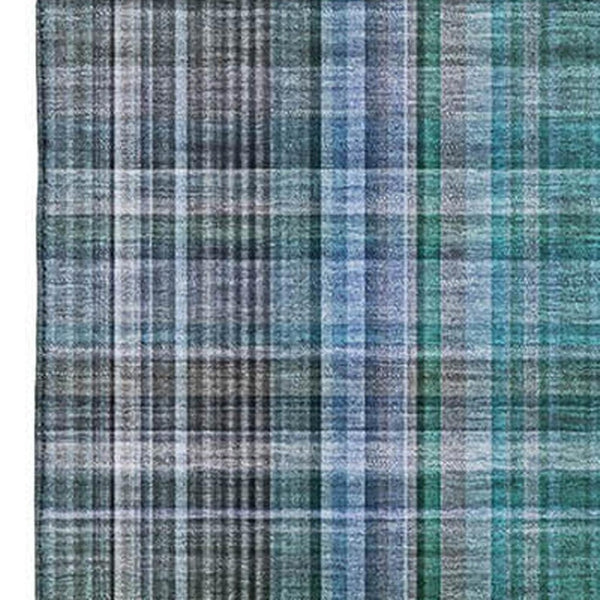 HomeRoots 9' X 12' Teal and Gray Plaid Area Rug - Durable, Washable, UV Protected for Stylish Living Spaces 648309