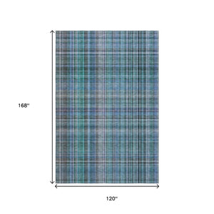 HomeRoots 10' Teal and Gray Plaid Washable Area Rug - Soft, Durable, UV-Protected for Stylish Living Spaces 648310