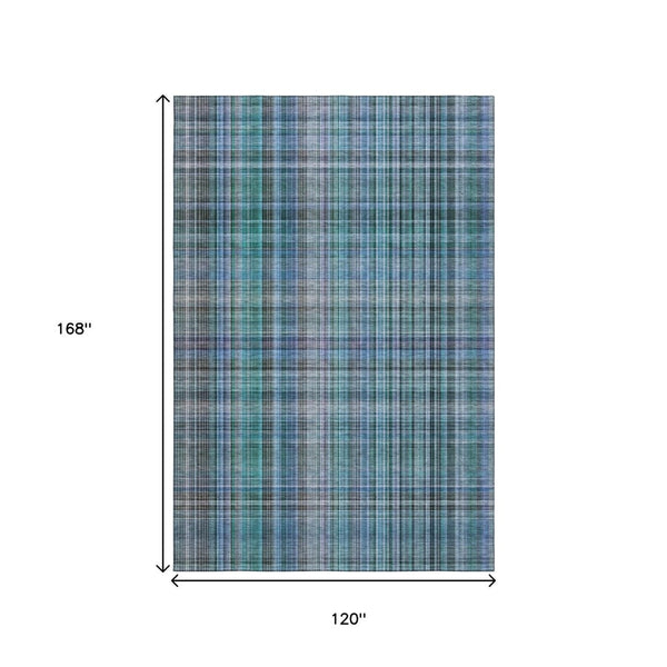 HomeRoots 10' Teal and Gray Plaid Washable Area Rug - Soft, Durable, UV-Protected for Stylish Living Spaces 648310