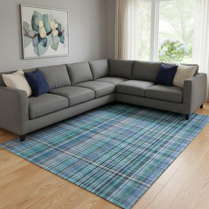 HomeRoots 10' Teal and Gray Plaid Washable Area Rug - Soft, Durable, UV-Protected for Stylish Living Spaces 648310