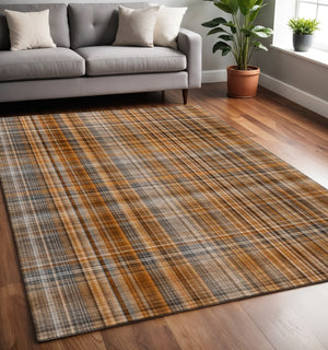 HomeRoots 5' X 8' Terra Cotta & Gray Plaid Washable Area Rug - Durable, UV-Protected, Kid & Pet-Friendly Design 648312
