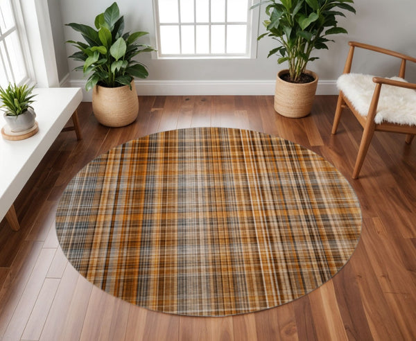 HomeRoots 8' Terra Cotta & Gray Plaid Washable Round Rug with UV Protection for Cozy, Stylish Living Spaces 648313
