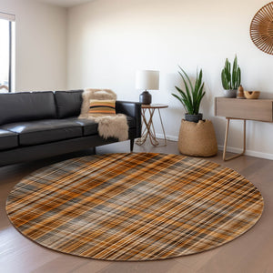 HomeRoots 8' Terra Cotta & Gray Plaid Washable Round Rug with UV Protection for Cozy, Stylish Living Spaces 648313