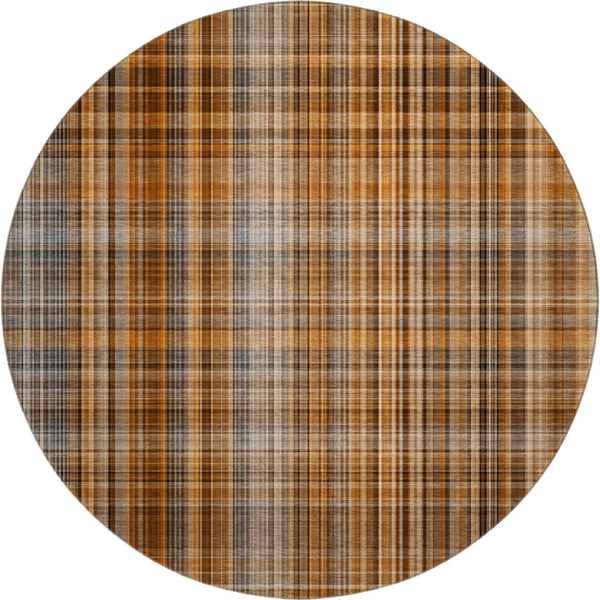 HomeRoots 8' Terra Cotta & Gray Plaid Washable Round Rug with UV Protection for Cozy, Stylish Living Spaces 648313