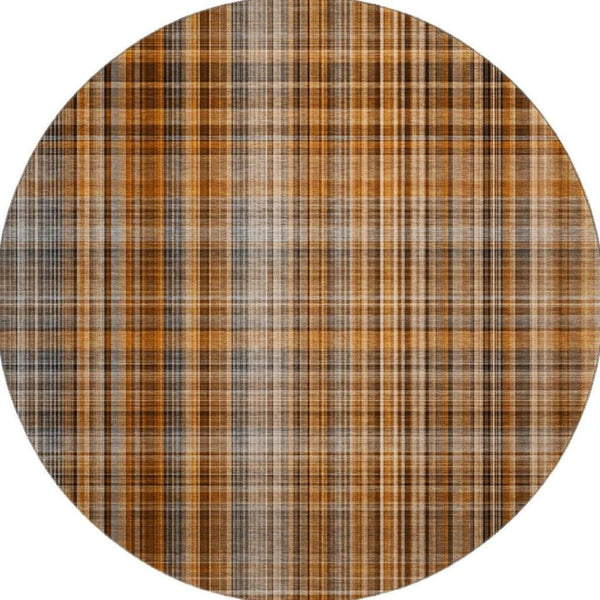 HomeRoots 8' Terra Cotta & Gray Plaid Washable Round Rug with UV Protection for Cozy, Stylish Living Spaces 648313